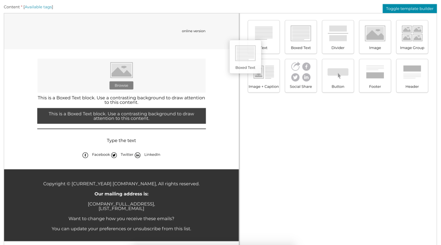 Editor dei template: i blocchi si trascinano dentro l'email